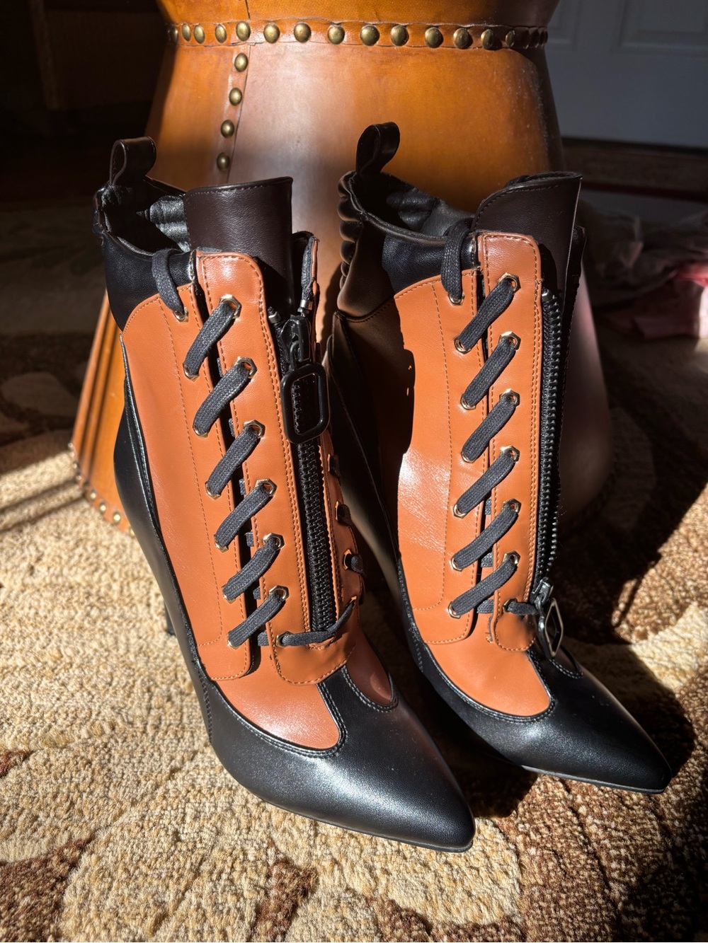 Two-Tone “Tough To Love” Lace-Up Stiletto Booties in Brown and Black - Picture 3 of 4